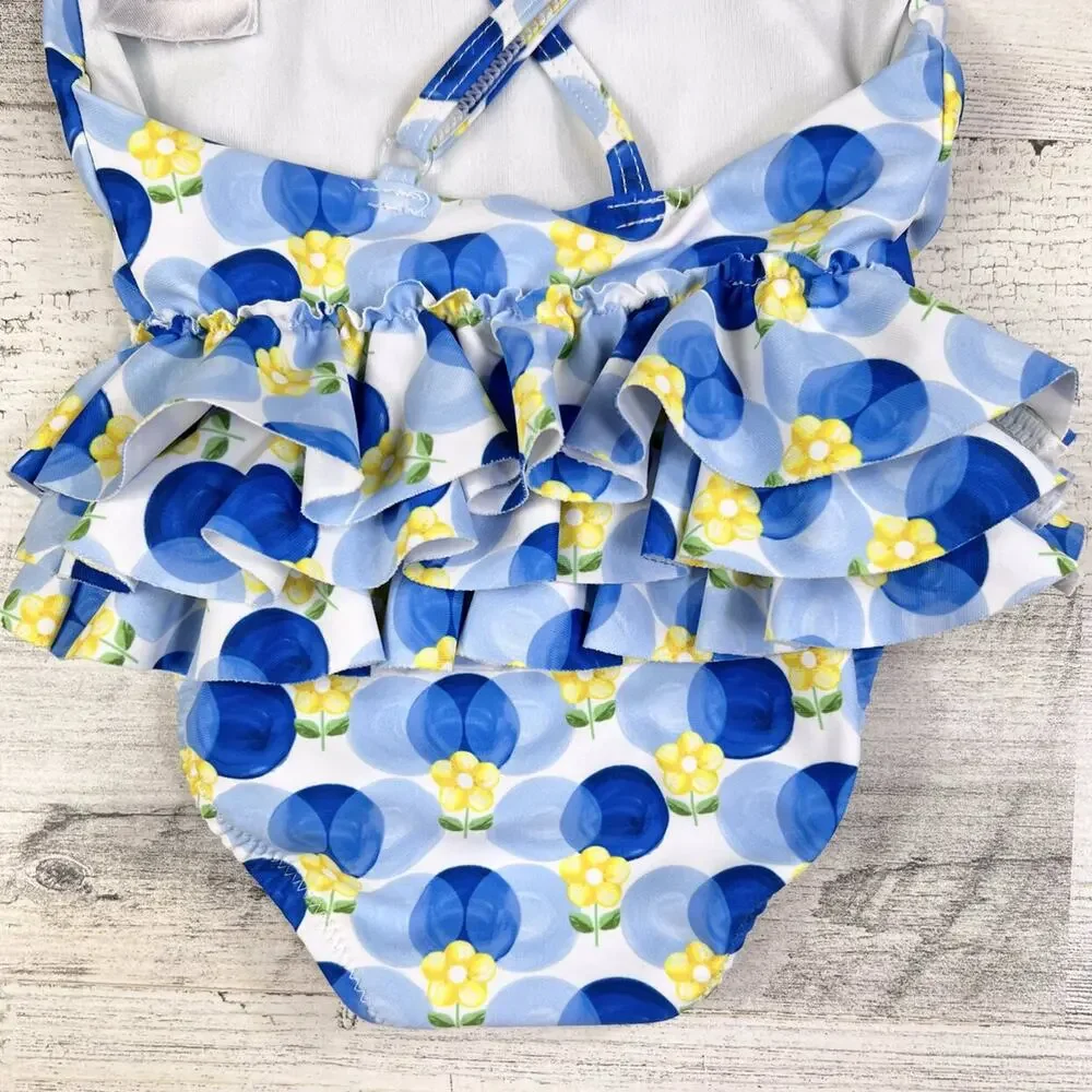 🌵3/$20 Mayoral One Piece Swimsuit Baby Girl 9-12M Blue Floral Ruffle Swim